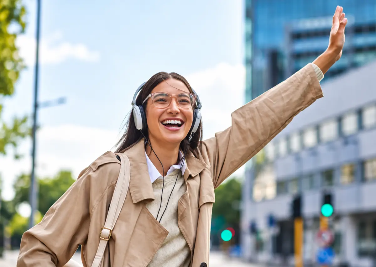 A rider in a trench coat waving for her ride on a city street